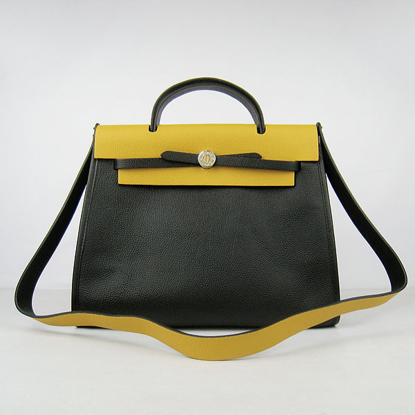 7A Replica Hermes Black/Yellow Kelly 32cm Togo Leather Bag 60667